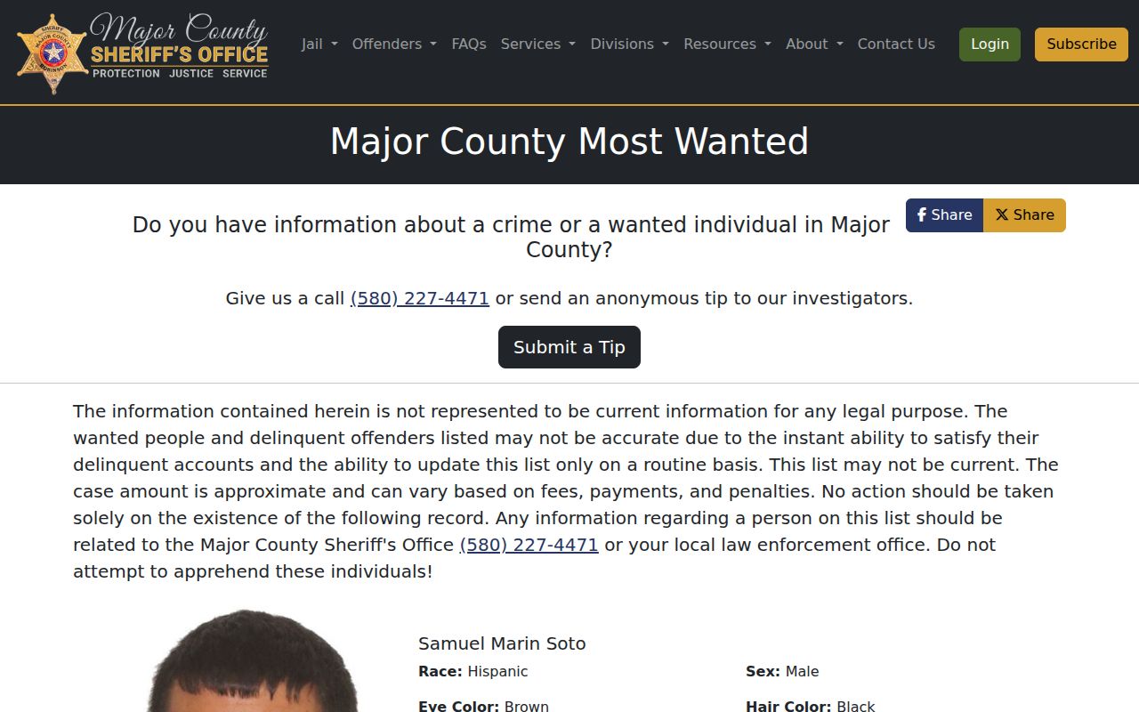 Major County sheriff official most wanted information interface