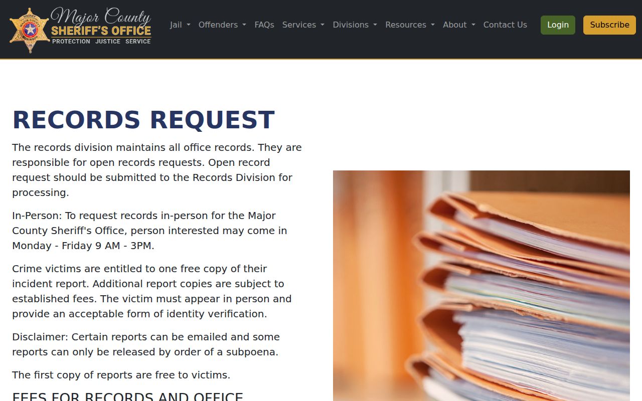 Major County booking-record request instructions on the sheriff records page